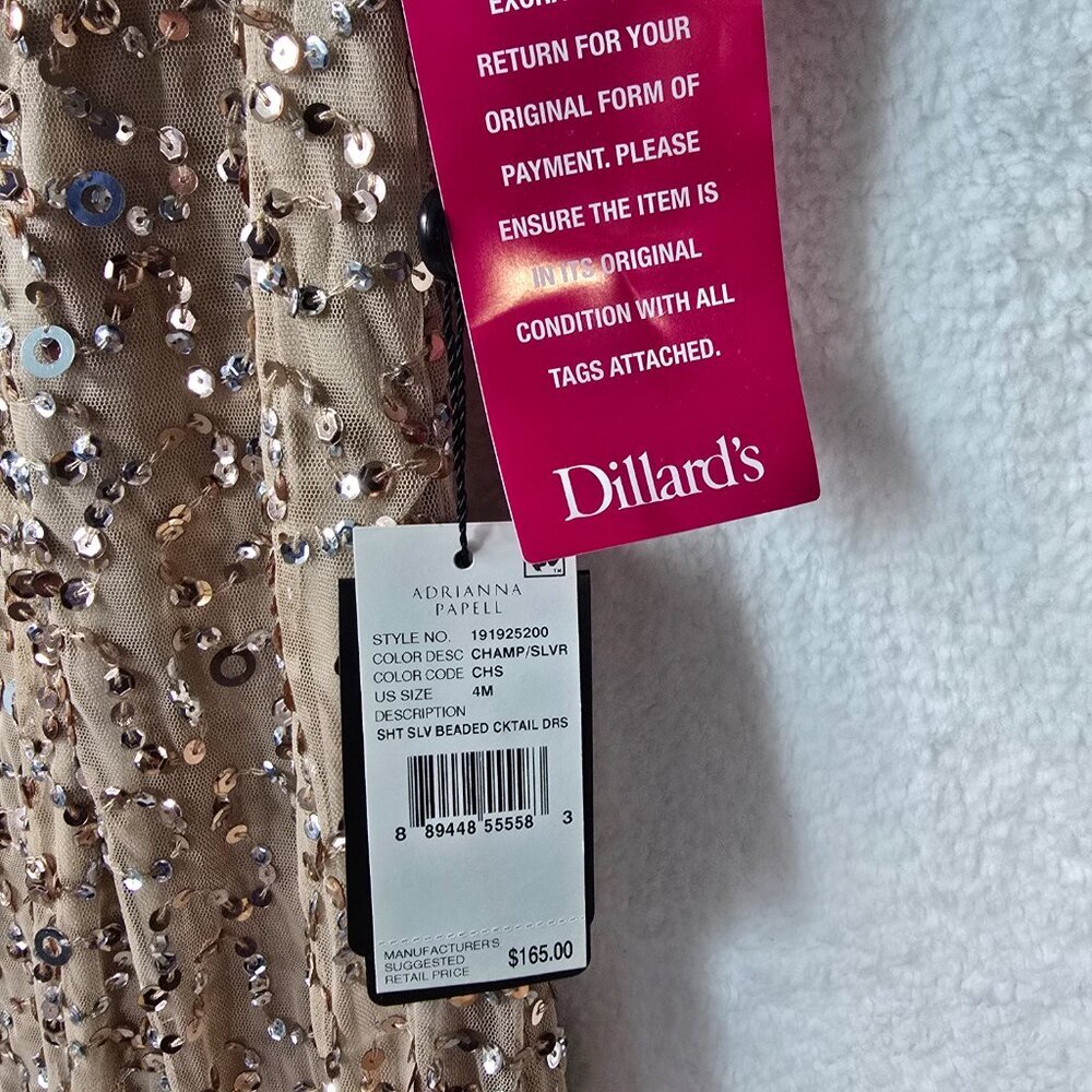 NWT Adrianna Papell Full Sequin Metallic Cap Sleeve Mini Dress In Gold Size 4 - Picture 4 of 8